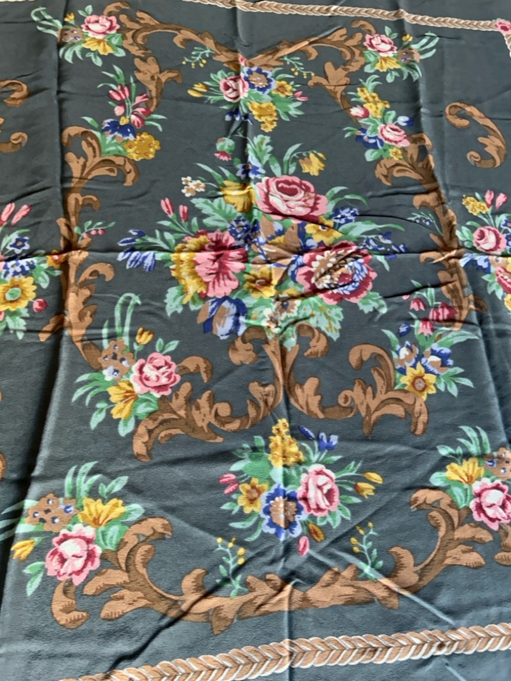 bill blass Floral Scroll Silk-Blend Scarf in Green, Brown, Pink and Yellow